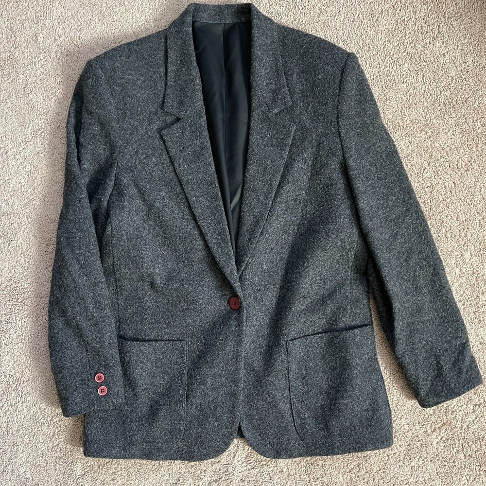 Lands End 100% Wool Made in USA Gray Single Breasted Blazer Jacket Womens 10